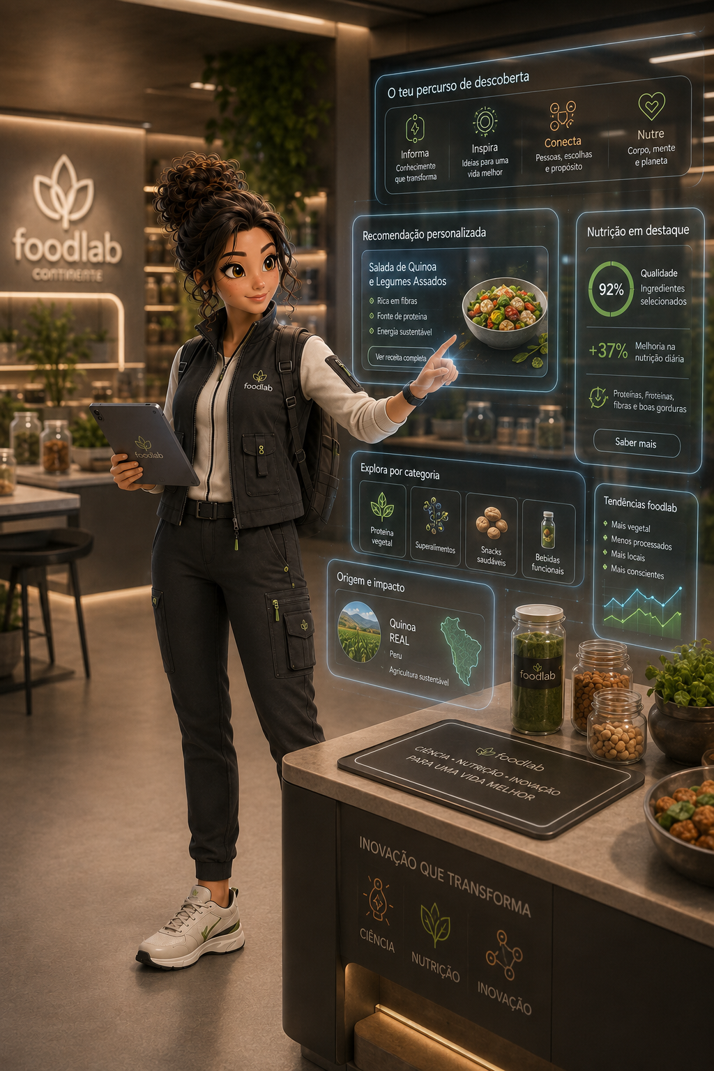 Mascote Food Lab em momento de descoberta e interação com conteúdos
