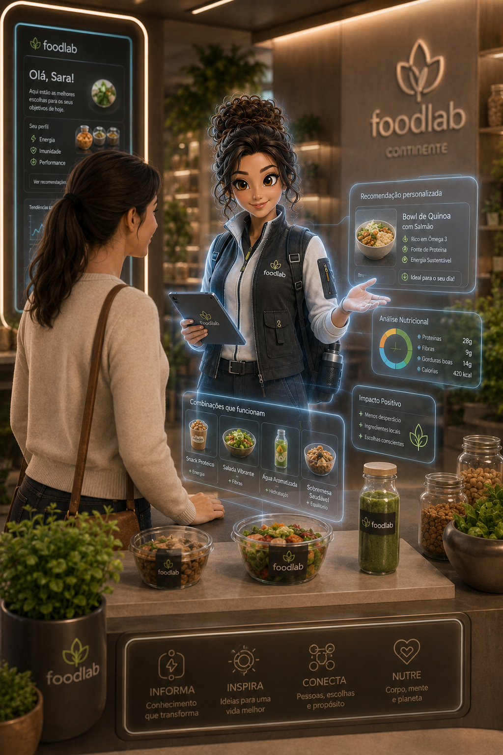 Mascote Food Lab como presença digital apoiando um consumidor em loja