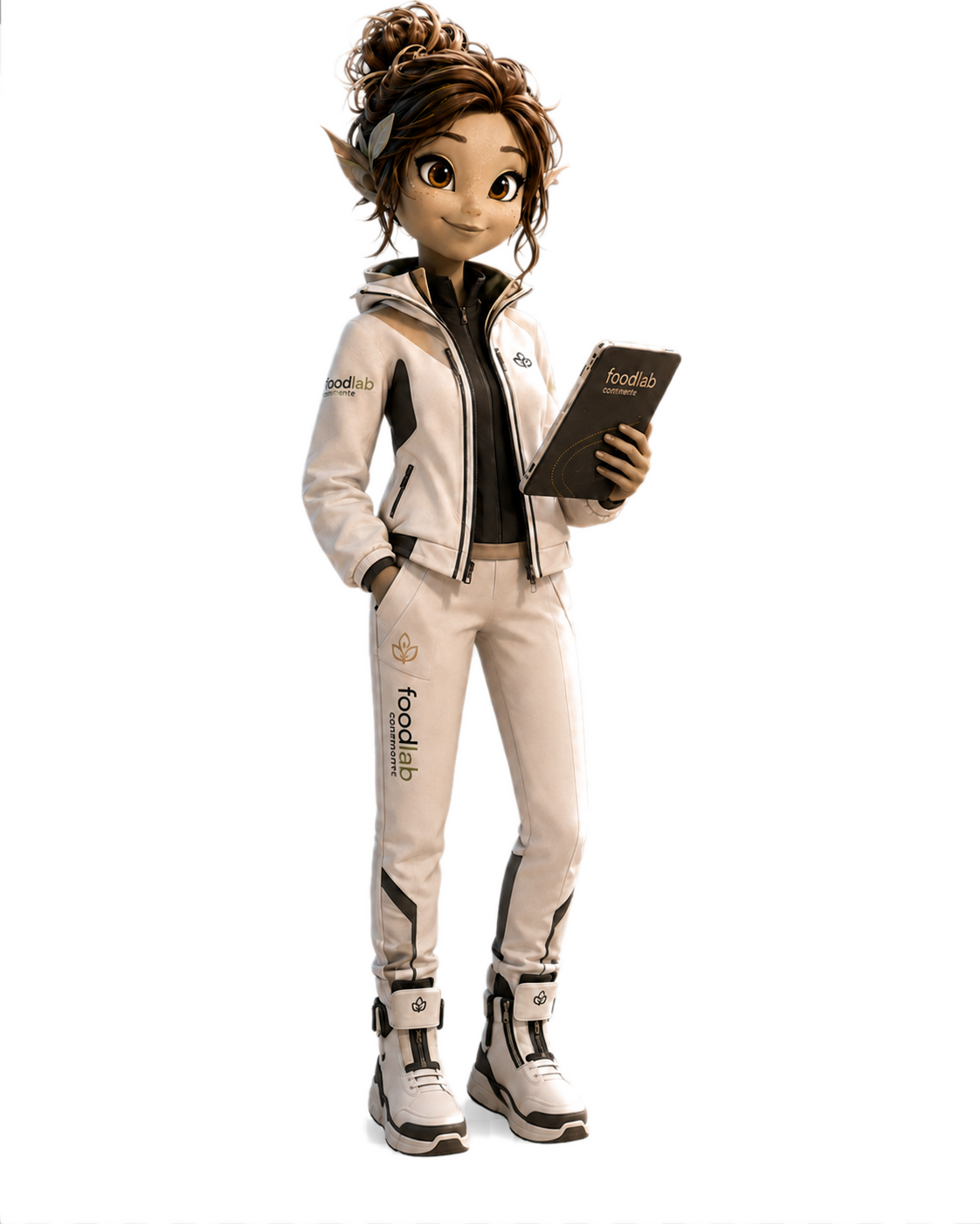 Mascote institucional com tablet — pose 3